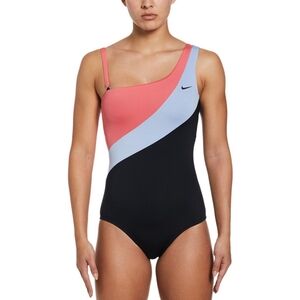 NIKE Women's Asymmetrical Swimsuit Colorblock Coral Pink Lavender Black Sz Small